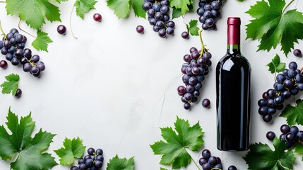Flat lay of red wine, grapevine branch, wine bottle on white background.  AI generated. - obrazy, fototapety, plakaty