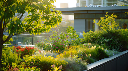 Um luxuoso jardim no telhado irrompe com cores vibrantes criando um oásis tranquilo em meio ao agito urbano - obrazy, fototapety, plakaty