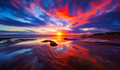 Stunning image of a vibrant sunset with clouds reflected on the wet sand during low tide - obrazy, fototapety, plakaty