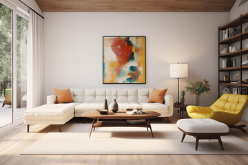 Interior of modern living room with white walls, wooden floor, comfortable sofa and coffee table. 3d render
