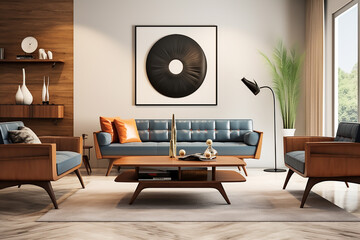 Modern interior of living room with wooden sofa, armchair, coffee table and poster on wall. 3d render