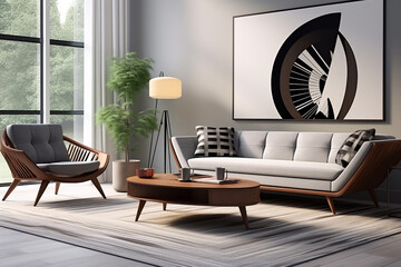 Modern interior of living room with white sofa, armchair, coffee table and poster on wall. 3d render
