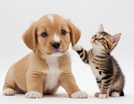 Red kitten and puppy isolated on a white background.  AI generated.