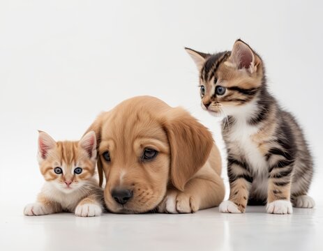 Two cute kittens and a cute puppy isolated on a white background.  AI generated.