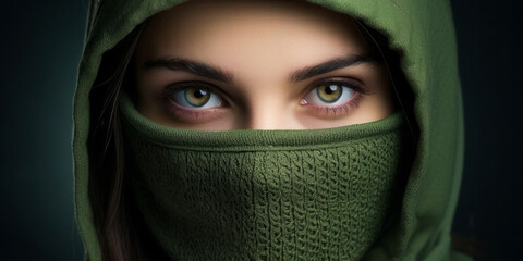 Fototapeta premium a girl in a green balaclava. a woman with a mask hiding her face. headdress, hat. a close look.