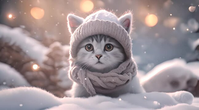 White kitten wearing grey hat and scarf sitting outside in snowy winter night