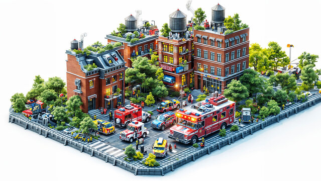 3D isometric illustration of a fire station