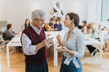 An animated conversation between an elderly gentleman and a younger woman, both standing, takes place in a bright workshop setting, surrounded by diverse attendees. - obrazy, fototapety, plakaty