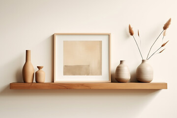 Wooden shelves with vases and picture on wall, 3d render