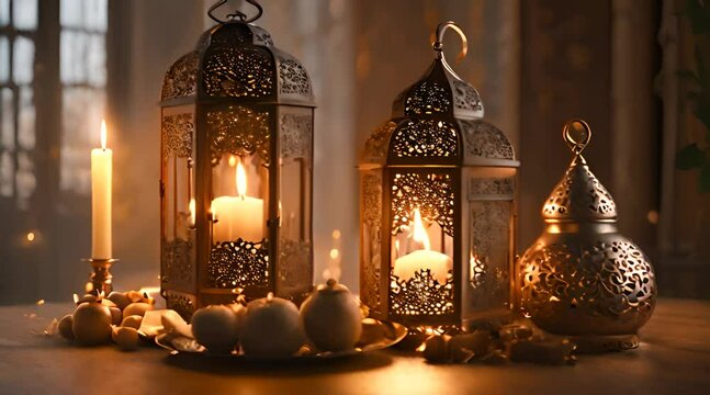 Ramadan celebration night, Arabic lanterns and candles