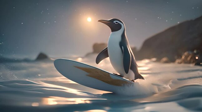 Penguin surfing in the sea at night