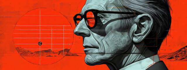 The Enigmatic Visionary, A Man With Glasses Immersed in a Vibrant Canvas of Crimson