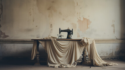 Sewing machine and fabric on a table in an old room