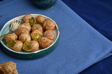 macro snails with pesto sauce photo above, snails with basil pesto, Grana Padano and pine nuts