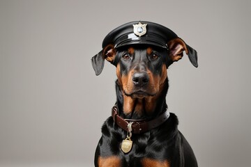 Rostro de perro doberman con sombrero de policía  - obrazy, fototapety, plakaty