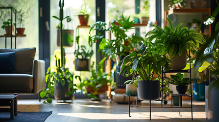 Fototapeta na wymiar Um espaço de convivência moderno e arejado é preenchido com uma abundância de exuberantes plantas verdes internas dispostas em elegantes vasos de cerâmica pendentes e elegantes suportes metálicos