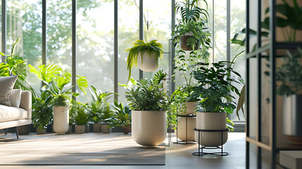 Um espaço de convivência moderno e arejado é preenchido com uma abundância de exuberantes plantas verdes internas dispostas em elegantes vasos de cerâmica pendentes e elegantes suportes metálicos