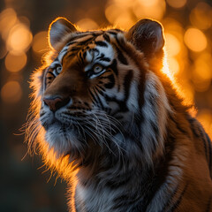 Majestic Tiger Gazing Intently During Golden Hour in Natural Habitat. AI.