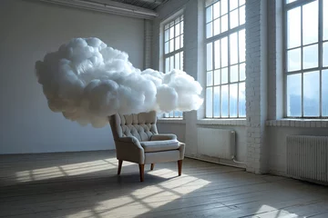 Foto op Canvas An armchair with clouds. Fluffy cloud around soft armchair in empty room. Peaceful place for thinking. Dreaming, mental health, tranquil place, relaxation. Loneliness, emptiness and sadness © Magryt