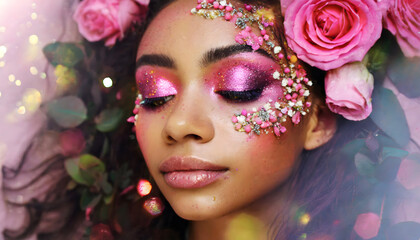 Fototapeta premium frau, model, Rosen, glitzer, close up, kosmetik, rosa, gesicht, glitter, fluid, serum, salon, studio, werebtafel, bokeh, funkelnd, glamour, luxus, abstrakt, artwork, design, pflege, produkt, haut, neu