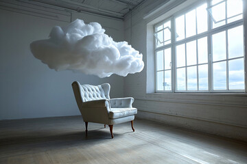 An armchair with clouds. Fluffy cloud around soft armchair in empty room. Peaceful place for thinking. Dreaming, mental health, tranquil place, relaxation. Loneliness, emptiness and sadness - obrazy, fototapety, plakaty