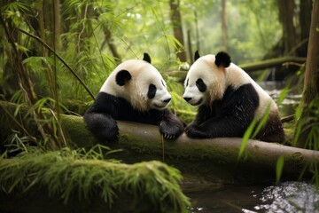 Obraz premium Harmony in the Bamboo Grove: Playful Pandas in Their Natural Habitat
