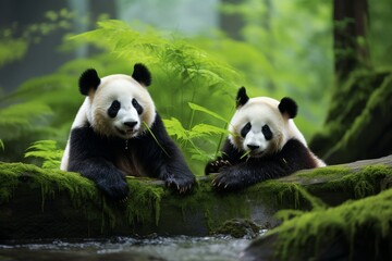Obraz premium Harmony in the Bamboo Grove: Playful Pandas in Their Natural Habitat