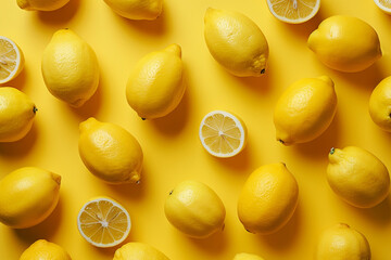 Lemons on yellow pattern. Juicy summer yellow pattern of sour lemons whole and cut in a half. Fruit background