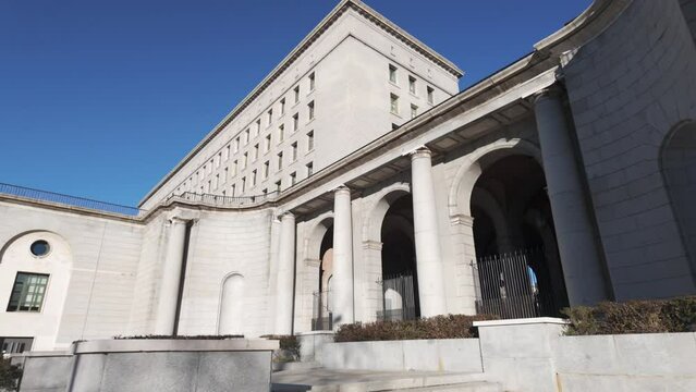 New ministry buildings of classic granite construction next to the Paseo de la Castellana, Madrid.