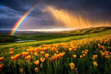 Nature's Symphony: A Vibrant Spring Scene with Rainbow, Sunshine, and Greenery