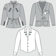 Air Conditioning Blazer Jacket for Women. Technical illustration of the jacket. Flat lay clothing jacket template front and back, white color. Women CAD mockup.