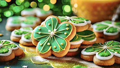 Obraz premium kekse, st, patricks, day, grün, close up, irish, kleeblatt, viele, hintergrund, neu