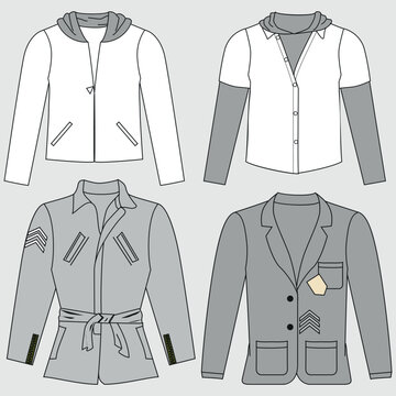 Showcase Blazer Jacket double breasted ribbed male design flat drawing fashion illustration technical drawing with front and back view, front and back view, white color, female CAD makeup.