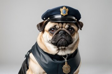 Perro pug con traje de policía  - obrazy, fototapety, plakaty