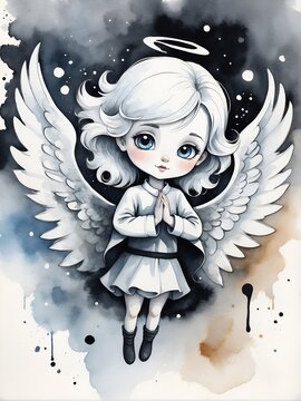 Angel, cute girl angel in watercolor, cartoon, isolated on white background, color splash
