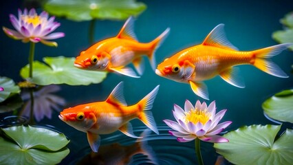 Goldfish in a pond with water lilies