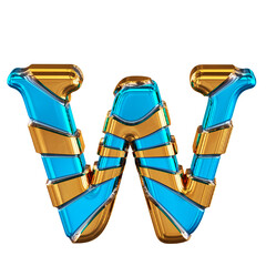 Blue 3d symbol with gold horizontal thin straps. letter w