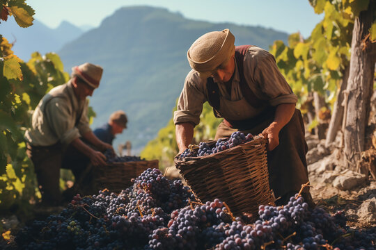 Vineyard workers harvesting grapes on vineyard in autumn harvest season