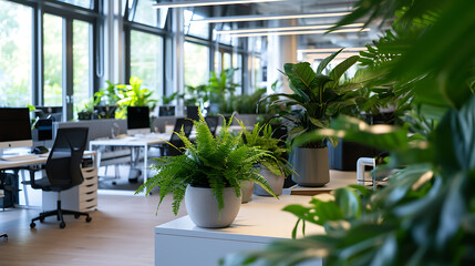 Um espaço de escritório moderno é preenchido com plantas verdes vibrantes e arranjos frescos de flores em mesas elegantes criando um ambiente refrescante e animado