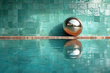 A disco ball sits by the edge of a serene pool, reflecting both the sunlight and the tranquil water