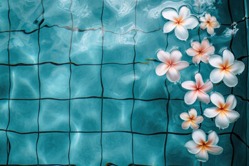 Delicate frangipani flowers float on the serene surface of a blue tiled swimming pool, creating a peaceful and exotic ambiance