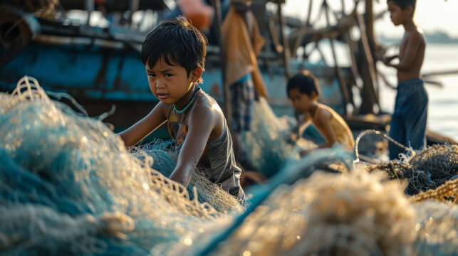 Children at the harbor, capturing their hard working
