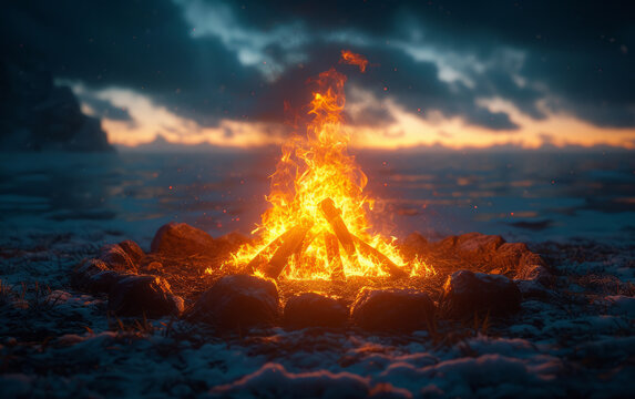 Campfire pictures camping winter. A bonfire is lit in the middle of a field, surrounded by people who gather to enjoy its warmth and the serene night sky.