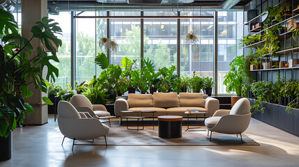 Um espaço de escritório moderno é transformado em um oásis de selva urbana com exuberantes plantas verdes adornando todas as superfícies disponíveis - obrazy, fototapety, plakaty