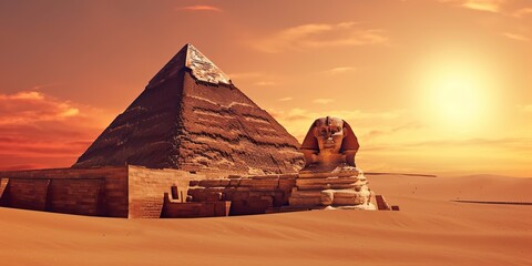 minimalistic design The Great Sphinx of Giza and the Pyramid of Khafreat sunset, Egypt. - obrazy, fototapety, plakaty