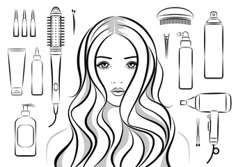 1437_Beautiful girl with long wavy hair and professional hairdresser cosmetics and tools - 713575190