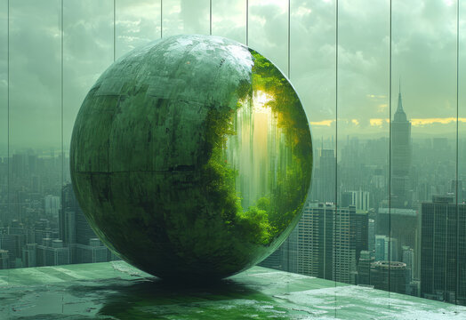 A green ball on a rim with a cityscape. A striking image of a massive green sphere positioned on the rooftop of a building.