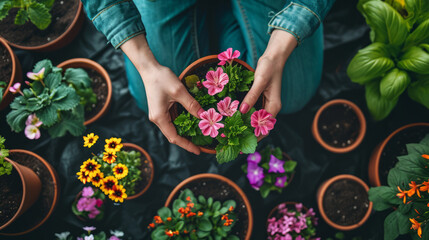 Gardener hands taking pot with blooming flowers for home gardening. Preparation houseplants for spring - 713575306