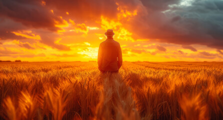 A man standing at the edge of a wheat field. A man standing amongst golden wheat stalks as the sun sets on the horizon. - obrazy, fototapety, plakaty