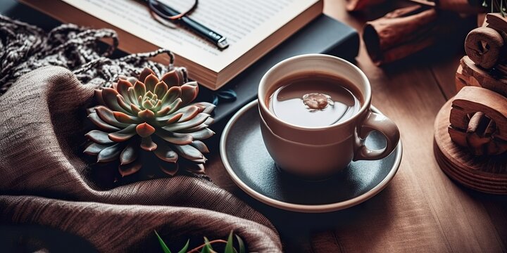 minimalistic design Top view of cosy home scene. Books, woolen blanket, cup of coffee and succulent plants over wooden background. Copy space